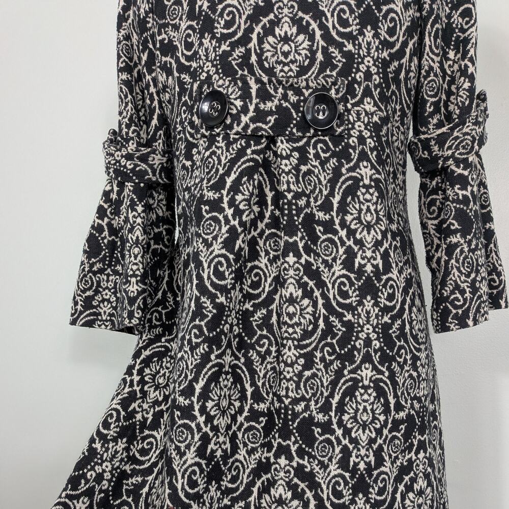 Retro Floral Peacoat Jacket L Black White Twee Glam Lady Bell Sleeve Coat Y2K - Picture 6 of 12